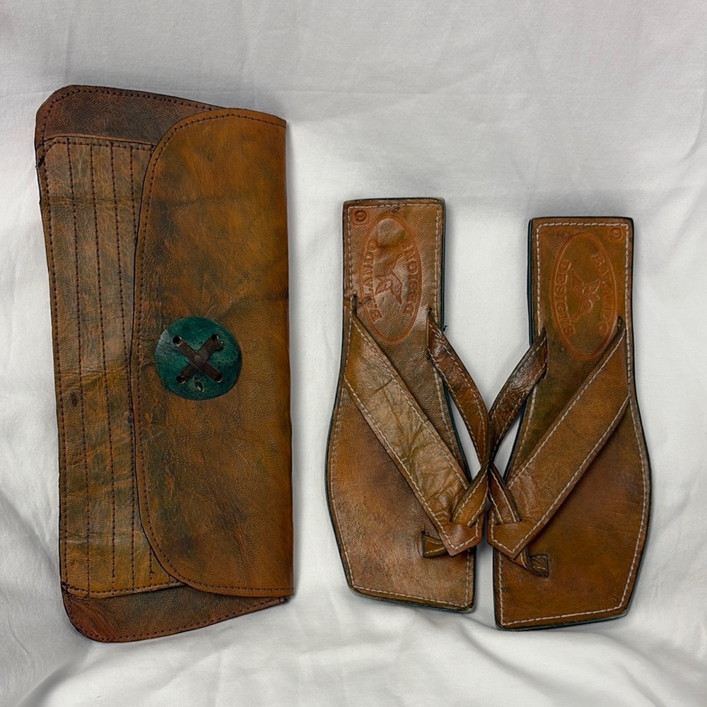 Handcrafted Leather Clutch and Sandals Set - Brown